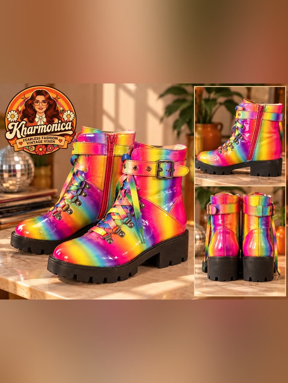 Kharmonica Rainbow Patent Lace-Up Ankle Boots - Multi-Color